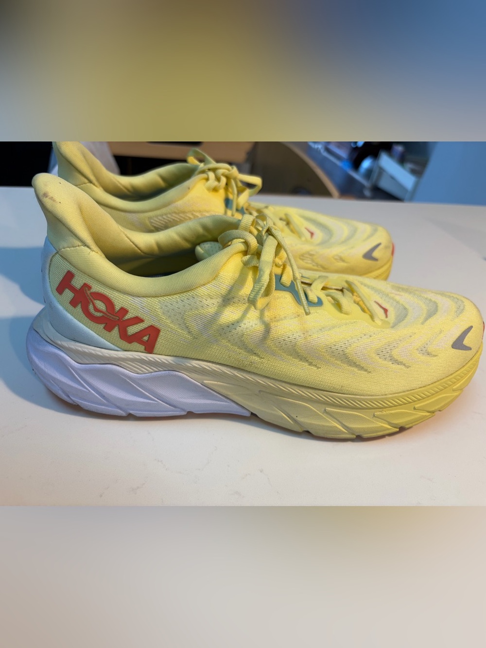 Hoka Women’s Yellow Lace-Up Running Sneakers with Coral Logo